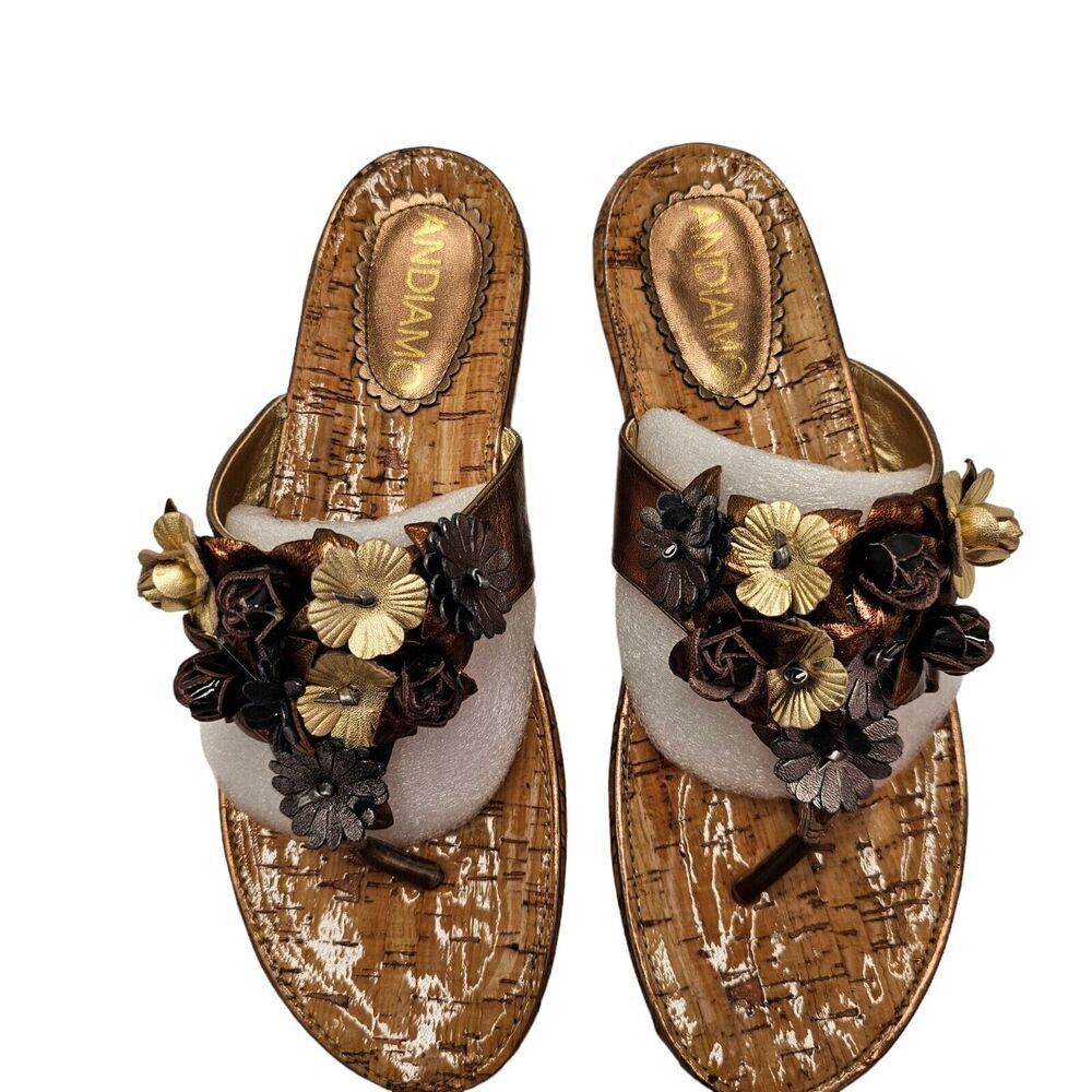 Andiamo Sandals Women Sz 8.5 Slide New Floral Bronze Black Cork Look Metallic - Picture 3 of 11
